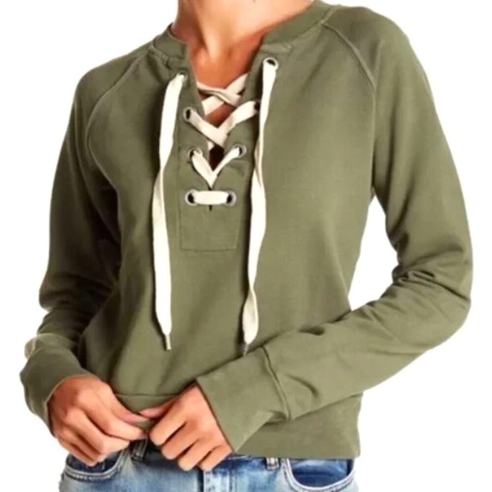 Sincerely Jules Kaya Olive Green Lace-Up Cropped Sweatshirt